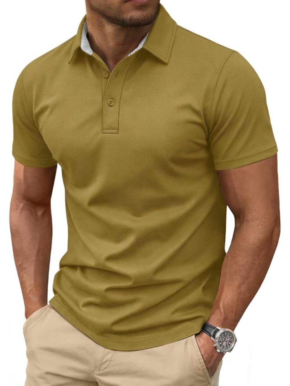 Men's Wolf Brown Cotton Pique Polo Shirt Short Sleeve 3 Button Classic Fit Golf